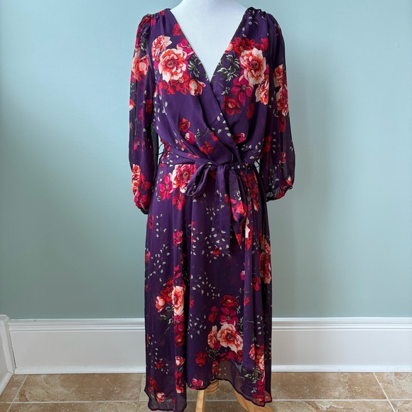 DKNY Floral Boho Bohemian Flowy Illusion Sleeve Dress Wmn’s Sz 14 - Picture 1 of 10